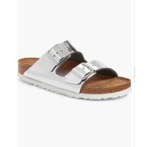 BIRKENSTOCK Arizona Soft Footbed Double Buckle Metallic Silver Leather Sandal 38